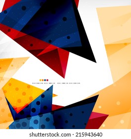 Modern 3d glossy overlapping triangles in different colors with texture and light effects. Business brochure background design with copyspace