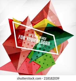 Triángulos modernos 3d brillantes superpuestos en diferentes colores con textura y efectos de luz. Diseño de fondo de folletos empresariales con espacio de copias