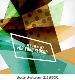 Modern 3d glossy overlapping triangles in different colors with texture and light effects. Business brochure background design with copyspace