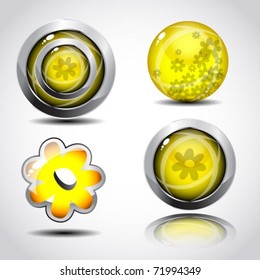 Modern 3d glossy shine spring design button with chrome frame. Vector illustration.