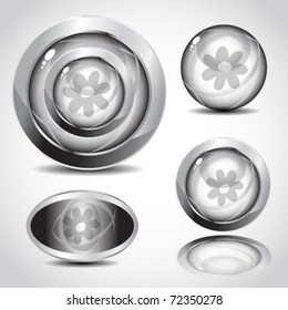 Modern 3d glossy shine spring design button with chrome frame. Vector illustration.