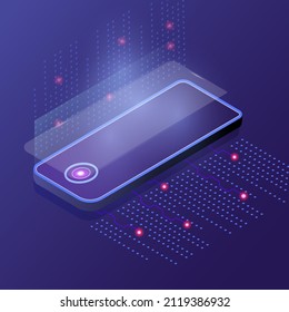 Modern 3D glowing phone in perspective with reflection. Vector illustration. Template, background phone in isometric