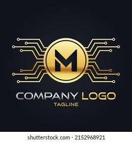 Moderno 3D Gold Crypto inicial Tech M Vector de logotipo inicial