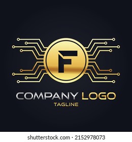 Moderno 3D Gold Crypto inicial Tech F vector de logotipo inicial