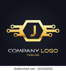 Moderno 3D oro inicial J Tech Inicial vector de logotipo