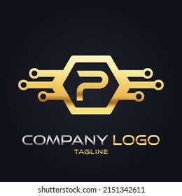 Moderno 3D oro inicial P Tech Inicial vector de logotipo