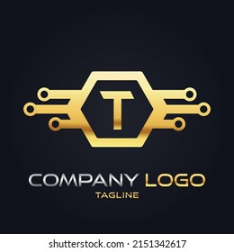Modern 3D gold initial T Tech Initial logo vector
