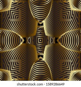 Modern 3d gold striped lines vector seamless pattern. Abstract line art ornate background. Repeat textured backdrop. Ornamental  symmetrical design. Stripes, geometry shapes. Surface gold ornaments.