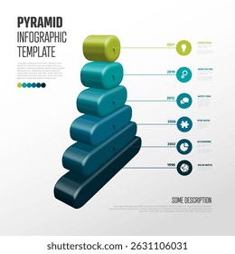Modelo de infográfico de pirâmide de gradiente 3D moderno mostrando seis níveis ou etapas. Este modelo de pirâmide visual é perfeito para apresentação de dados ou estágios de projeto.
