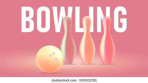 Modern 3d graphic, three bowling pins and ball in warm golgen pink palette colors with big typography text poster