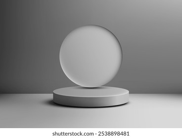 Modern 3D gray pedestal with a floating circular element on a gray studio backdrop. Minimalist and elegant, product display, mockup, or showroom showcase