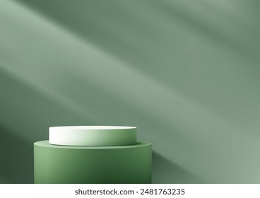 Modern 3D Green and White Podium with Light Beam for Elegant Product Display, Nature Concept Mockup, and Showroom