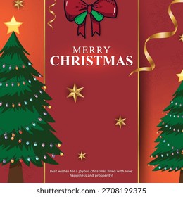 Conjunto de Anuncios de Vector de Navidades 3D y dibujados a mano modernos, tarjeta festiva de Festiva con estrellas de pino y oro decoradas, chuchería de oro de lujo y fondo de Navidades de tipografía blanca