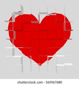 Modern 3d heart of bricks. Happy Valentine's day. Template for card and invitation. Vector illustration.