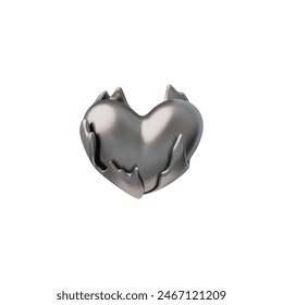 A modern 3D heart in flames with a glossy metallic texture effect. A surreal vector figure in gray, standing out against a white background for creative design.