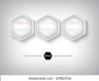 Modern 3d hexagonal transparent glass infographic boxes. Numbered banners. Glossy badges. Can be used for website and promotion. Clean white design layout template.