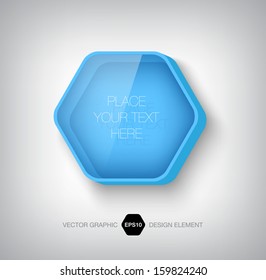 Modern 3d hexagonal transparent glass and plastic infographic box. Glossy badge. Can be used for website and promotion. Clean and vibrant blue design template. 