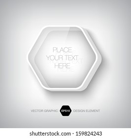 Modern 3d hexagonal transparent glass and plastic infographic box. Glossy badge. Can be used for website and promotion. Clean white design template. 