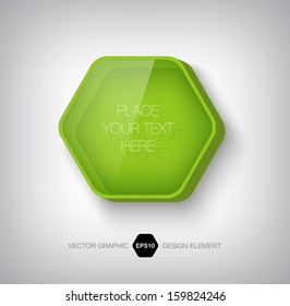 Modern 3d hexagonal transparent glass and plastic infographic box. Glossy badge. Can be used for website and promotion. Clean and vibrant green design template. 