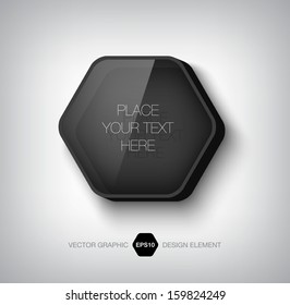 Modern 3d hexagonal transparent glass and plastic infographic box. Glossy badge. Can be used for website and promotion. Clean black design template. 