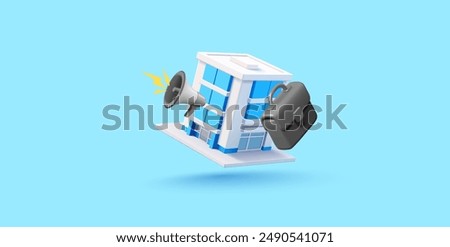 Modern 3D high-rise building, briefcase, loudspeaker. For commercial real estate investment, classifieds, buying and selling concepts. Banner for web design. Vector