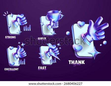 Modern 3D Holographic Gesture Vector Templates — Realistic Icon Symbols of Business, Love, Work, and Trophy Achievement