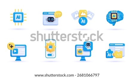 Modern 3D icon set of artificial intelligence and chatbot elements. Futuristic blue illustrations for apps, web design, technology, machine learning, and digital user interface concepts. Vector