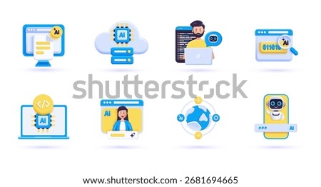 Modern 3D icon set of artificial intelligence and chatbot elements. Futuristic blue illustrations for apps, web design, technology, machine learning, and digital user interface concepts. Vector