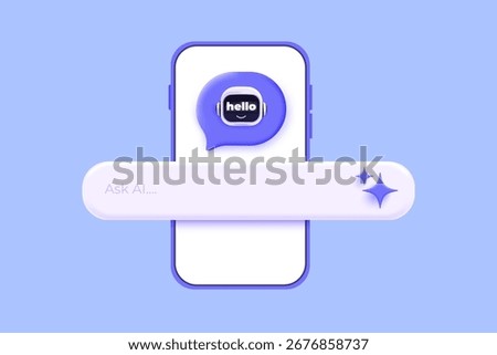 Modern 3D illustration of AI chatbot on smartphone with speech bubble and text input bar. Futuristic design for apps, messaging, customer support, and artificial intelligence concepts. Vector