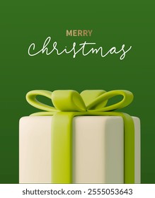 Modern 3D illustration of cream gift box with vibrant green ribbon, perfect for conveying a cheerful holiday spirit  on deep green background, with the text Merry Christmas. Vector illustration