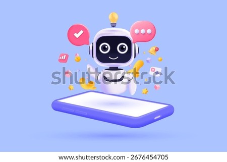 Modern 3D illustration of a cute AI robot assistant with chat bubbles, mobile phone, and digital icons. Perfect for technology, apps, chatbots, and customer support concepts. Vector