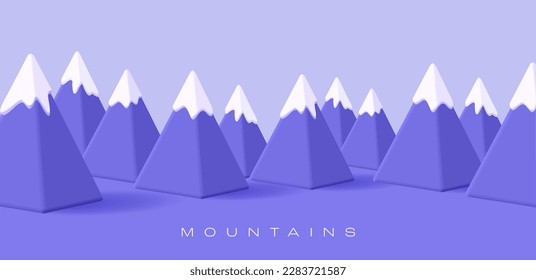 Modern 3D illustration of mountains with snow pyramidal shape. Illustration in purple colors, for recreation, extreme concepts.