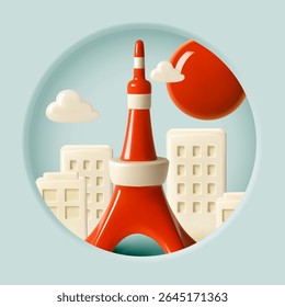 Uma ilustração 3D moderna da Torre de Tóquio com edifícios da cidade, sol vermelho e nuvens suaves em tons pastéis.

Palavras-chave: