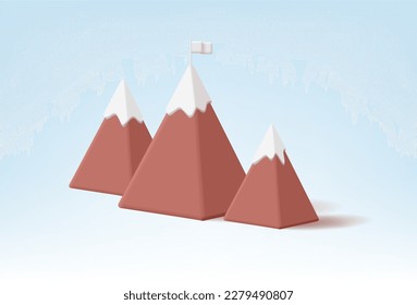 Modern 3D image of mountains with snow on top and a flag. A sign and symbol of travel, business, achievement, motivation, victory. Vector illustration on a light blue background.