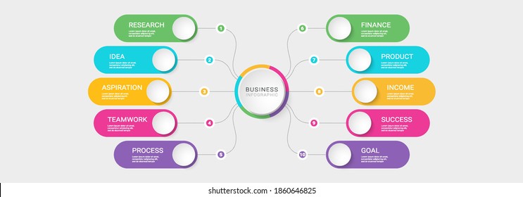 Modern 3D Infographic Template with 10 Steps. Business Process Chart with Options for Brochure, Diagram, Workflow, Timeline, Number Options. Vector EPS 10