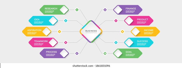 Modern 3D Infographic Template with 10 Steps. Business Process Chart with Options for Brochure, Diagram, Workflow, Timeline, Number Options. Vector EPS 10