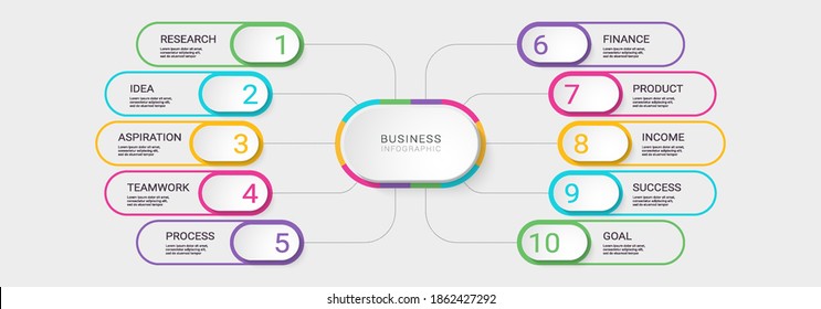 Modern 3D Infographic Template with 10 Steps. Business Process Chart with Options for Brochure, Diagram, Workflow, Timeline, Number Options. Vector EPS 10