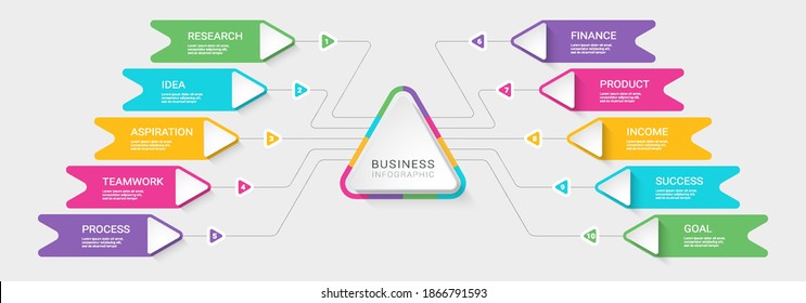 Modern 3D Infographic Template with 10 Steps. Business Process Chart with Options for Brochure, Diagram, Workflow, Timeline, Number Options. Vector EPS 10