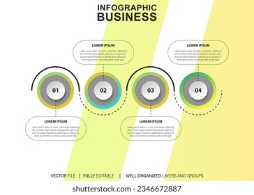Plantilla de infografía 3D moderna con 4 pasos. Plantilla de círculo de negocios con opciones para folleto, diagrama, flujo de trabajo, línea de tiempo, diseño web. EPS vectorial 10
