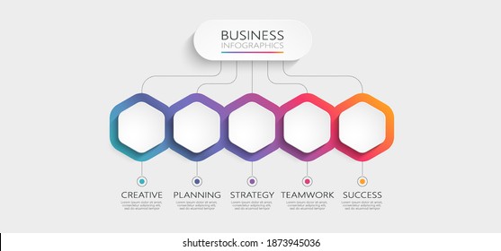 Modern 3D Infographic Template With 5 Steps. Business Hexagon Template With Options For Brochure, Diagram, Workflow, Timeline, Web Design. Vector Illustration. EPS 10