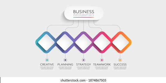 Modern 3D infographic template with 5 steps. Business rhombus template with options for brochure, diagram, workflow, timeline, web design. Vector illustration. EPS 10