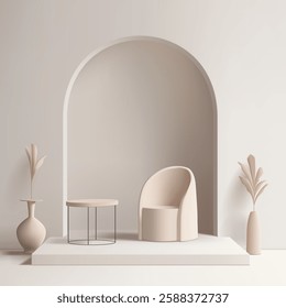 Modern 3D interior, armchair, coffee table, potted plants, arch, podium. For concepts of advertising, recreation. Scene for advertising of goods. Vector
