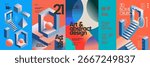 Modern 3D isometric abstract poster designs with geometric shapes, cubes, stairs, and gradients for futuristic branding, poster, digital art, creative layouts, background, pattern and visual identity
