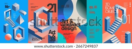 Modern 3D isometric abstract poster designs with geometric shapes, cubes, stairs, and gradients for futuristic branding, poster, digital art, creative layouts, background, pattern and visual identity