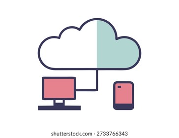 Modern 3d isometric cloud computing technology concept illustration featuring digital network data connection on laptop and mobile devices with blue server icons for global business internet communica