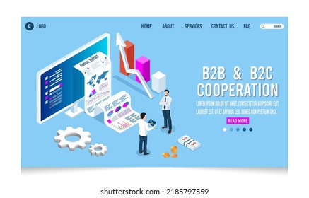 Modern 3D isometric concept of Business to Business and Business to Customer Strategy with Businessmen deal agreement between two company and graph, chart statistic data.  Vector illustration eps10.