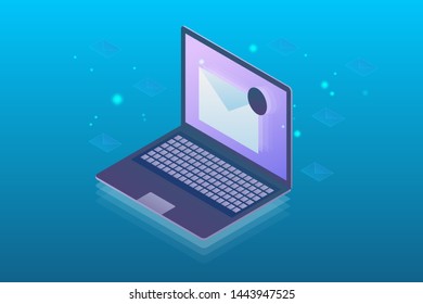 Modern 3D, Isometric concept of Email marketing, Email notification on laptop screen, Email newsletter - vector illustration