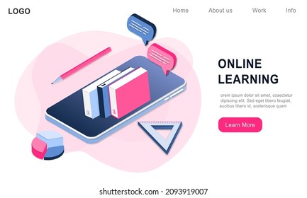 Modern 3d isometric concept of Online Education for banner website. Realistic landing page template vector illustration online learning, internet course, remote, tutorial on mobile phone application.