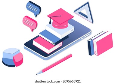 Modern 3d isometric concept of Online Education for banner website. Realistic landing page template vector illustration online learning, internet course, remote, tutorial on mobile phone application.