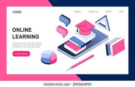 Modern 3d isometric concept of Online Education for banner website. Realistic landing page template vector illustration online learning, internet course, remote, tutorial on mobile phone application.